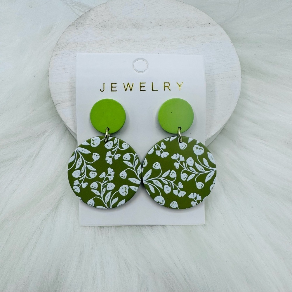 Green White Twig Pattern Acrylic Earrings
